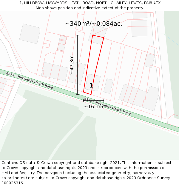 1, HILLBROW, HAYWARDS HEATH ROAD, NORTH CHAILEY, LEWES, BN8 4EX: Plot and title map