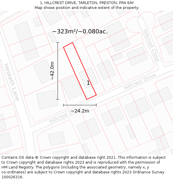 1, HILLCREST DRIVE, TARLETON, PRESTON, PR4 6AY: Plot and title map