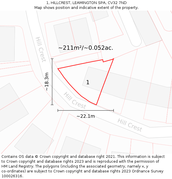 1, HILLCREST, LEAMINGTON SPA, CV32 7ND: Plot and title map