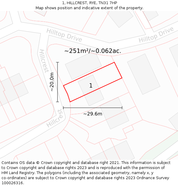 1, HILLCREST, RYE, TN31 7HP: Plot and title map