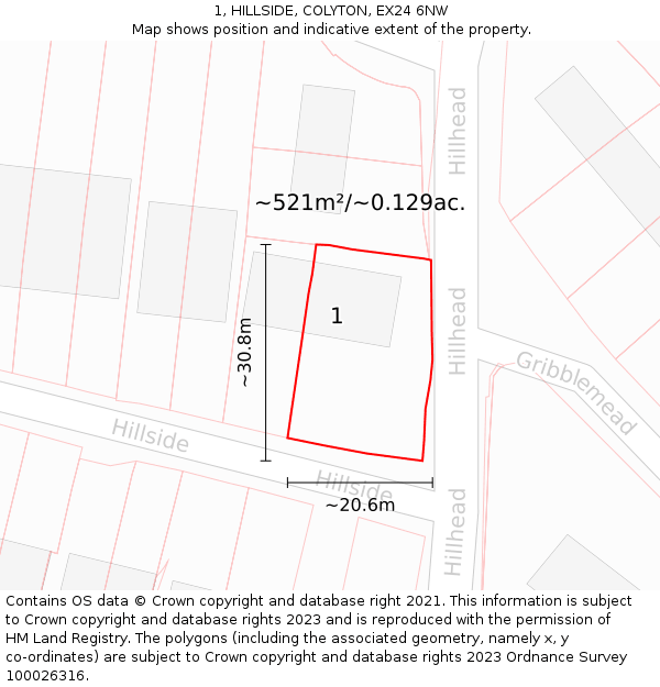 1, HILLSIDE, COLYTON, EX24 6NW: Plot and title map