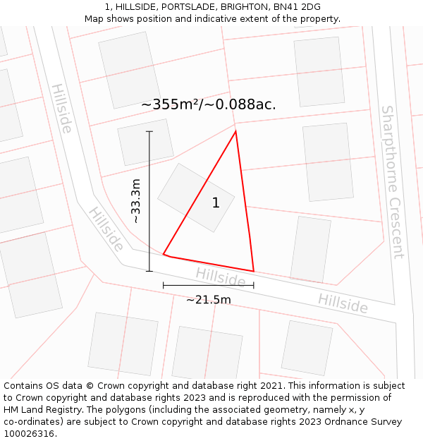 1, HILLSIDE, PORTSLADE, BRIGHTON, BN41 2DG: Plot and title map