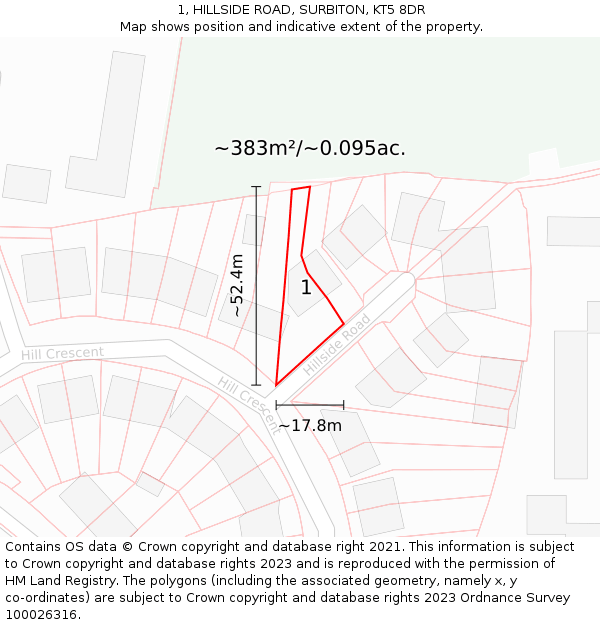1, HILLSIDE ROAD, SURBITON, KT5 8DR: Plot and title map