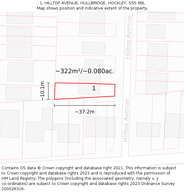 1, HILLTOP AVENUE, HULLBRIDGE, HOCKLEY, SS5 6BL: Plot and title map