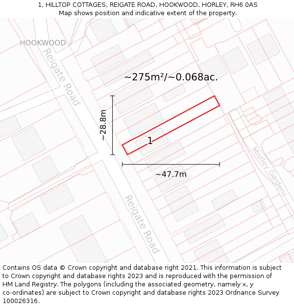 1, HILLTOP COTTAGES, REIGATE ROAD, HOOKWOOD, HORLEY, RH6 0AS: Plot and title map