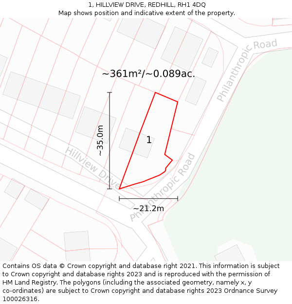 1, HILLVIEW DRIVE, REDHILL, RH1 4DQ: Plot and title map