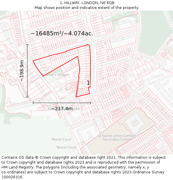 1, HILLWAY, LONDON, N6 6QB: Plot and title map