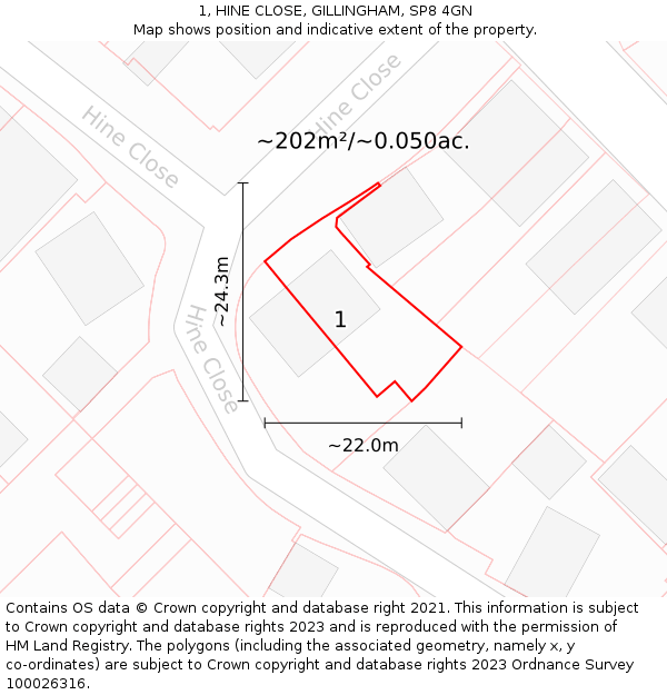 1, HINE CLOSE, GILLINGHAM, SP8 4GN: Plot and title map