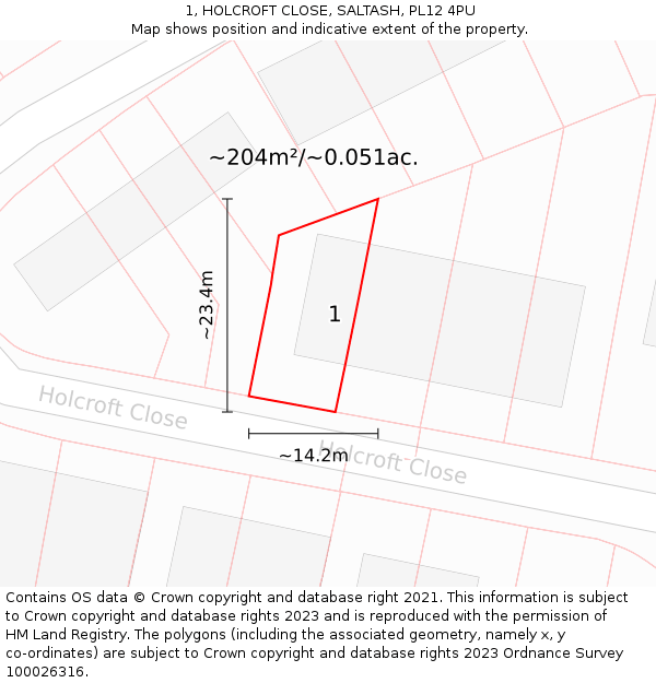 1, HOLCROFT CLOSE, SALTASH, PL12 4PU: Plot and title map