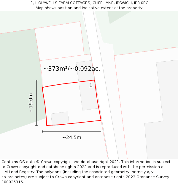 1, HOLYWELLS FARM COTTAGES, CLIFF LANE, IPSWICH, IP3 0PG: Plot and title map