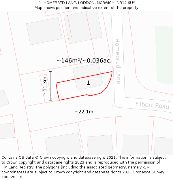 1, HOMEBRED LANE, LODDON, NORWICH, NR14 6UY: Plot and title map