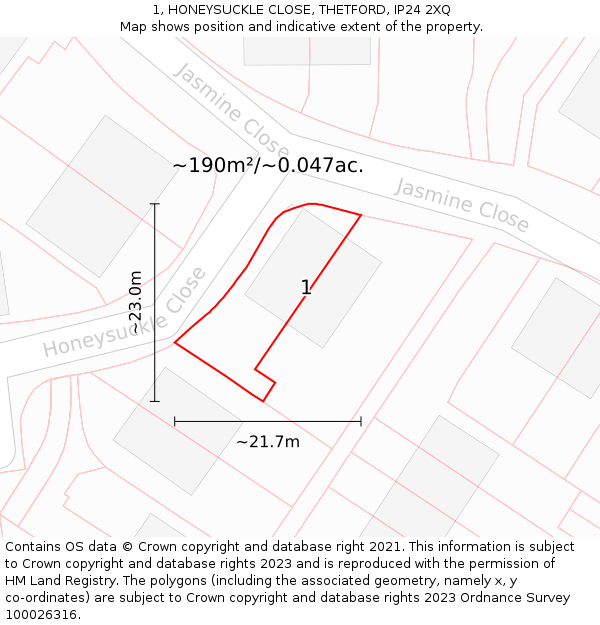 1, HONEYSUCKLE CLOSE, THETFORD, IP24 2XQ: Plot and title map