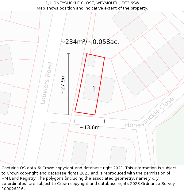 1, HONEYSUCKLE CLOSE, WEYMOUTH, DT3 6SW: Plot and title map