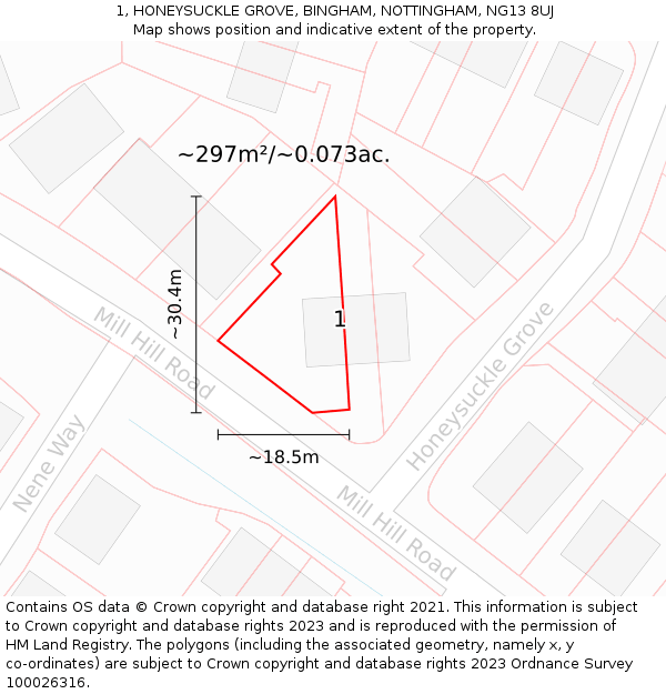 1, HONEYSUCKLE GROVE, BINGHAM, NOTTINGHAM, NG13 8UJ: Plot and title map