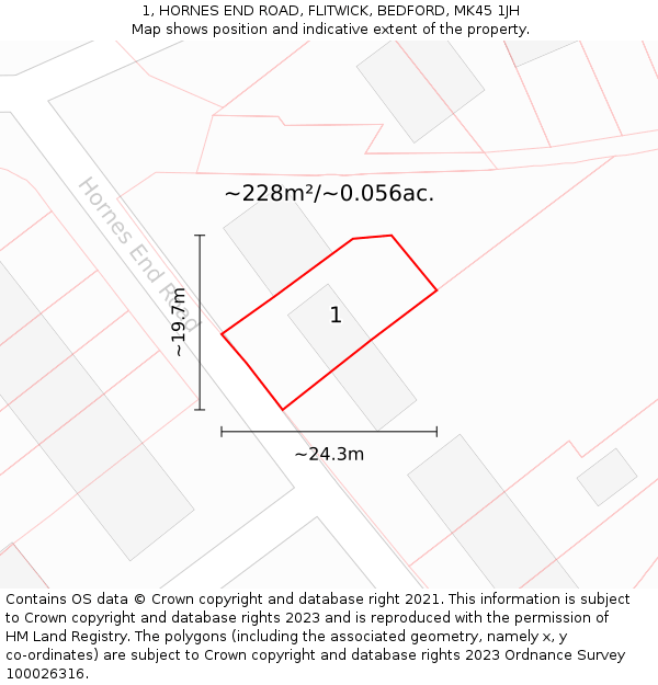 1, HORNES END ROAD, FLITWICK, BEDFORD, MK45 1JH: Plot and title map