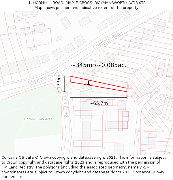 1, HORNHILL ROAD, MAPLE CROSS, RICKMANSWORTH, WD3 9TE: Plot and title map