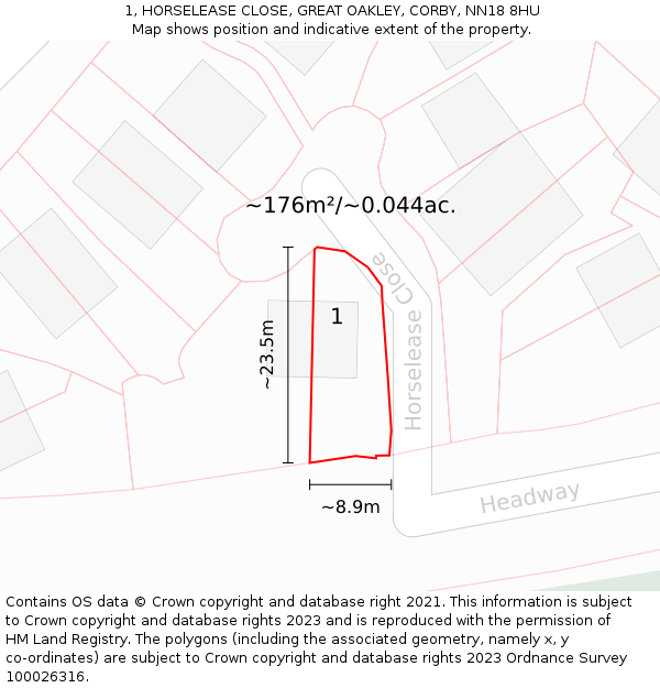 1, HORSELEASE CLOSE, GREAT OAKLEY, CORBY, NN18 8HU: Plot and title map