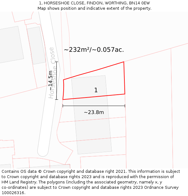 1, HORSESHOE CLOSE, FINDON, WORTHING, BN14 0EW: Plot and title map