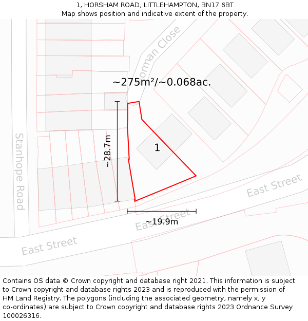 1, HORSHAM ROAD, LITTLEHAMPTON, BN17 6BT: Plot and title map