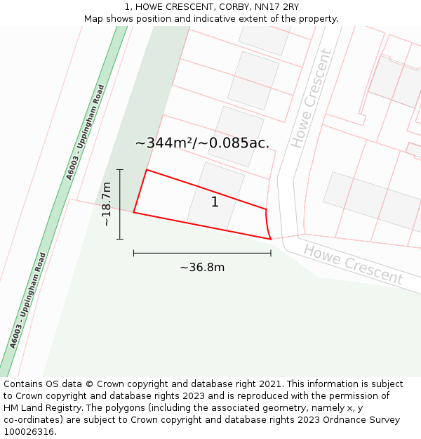 1, HOWE CRESCENT, CORBY, NN17 2RY: Plot and title map
