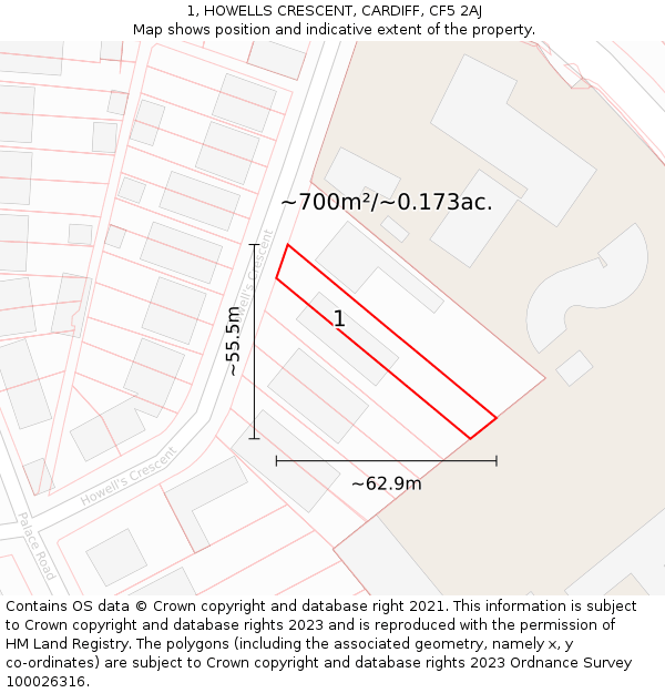 1, HOWELLS CRESCENT, CARDIFF, CF5 2AJ: Plot and title map