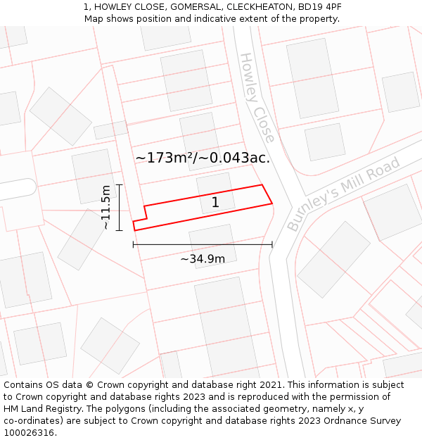 1, HOWLEY CLOSE, GOMERSAL, CLECKHEATON, BD19 4PF: Plot and title map