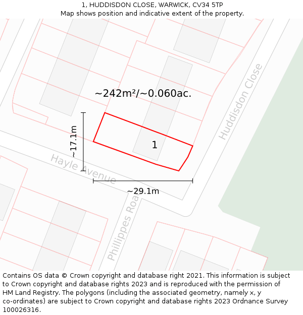 1, HUDDISDON CLOSE, WARWICK, CV34 5TP: Plot and title map