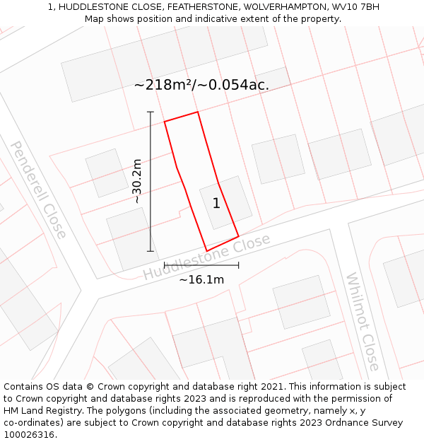 1, HUDDLESTONE CLOSE, FEATHERSTONE, WOLVERHAMPTON, WV10 7BH: Plot and title map