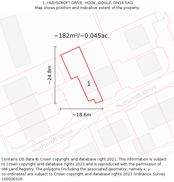 1, HUDSCROFT DRIVE, HOOK, GOOLE, DN14 5AG: Plot and title map