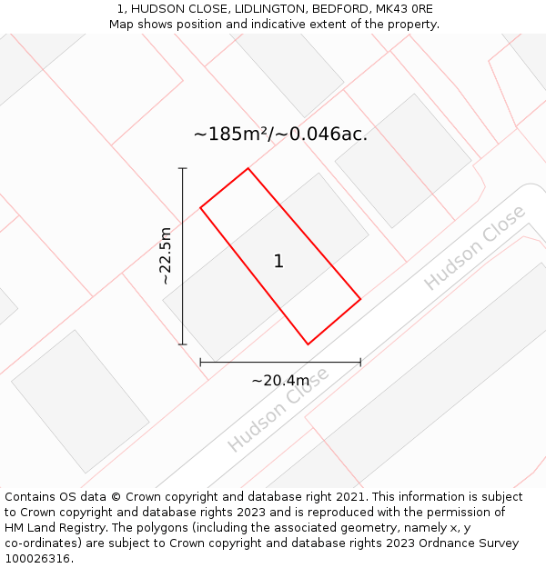 1, HUDSON CLOSE, LIDLINGTON, BEDFORD, MK43 0RE: Plot and title map