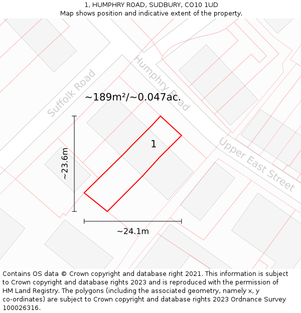 1, HUMPHRY ROAD, SUDBURY, CO10 1UD: Plot and title map
