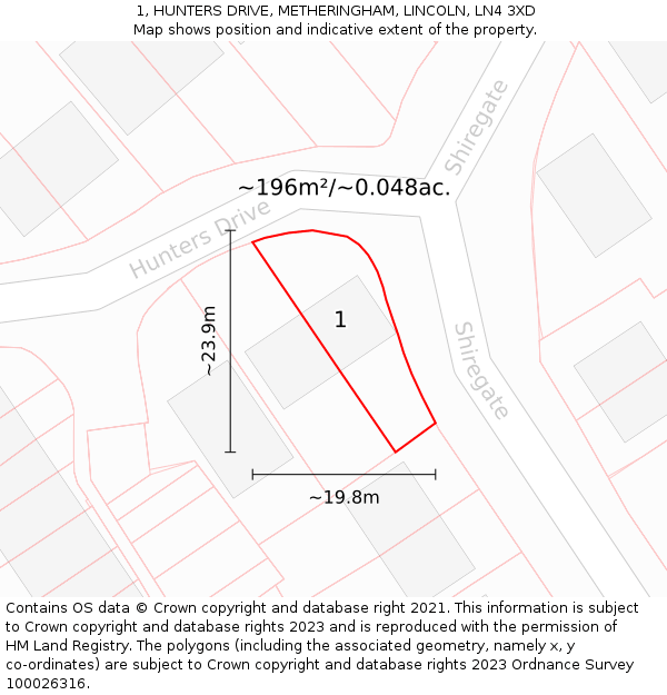 1, HUNTERS DRIVE, METHERINGHAM, LINCOLN, LN4 3XD: Plot and title map