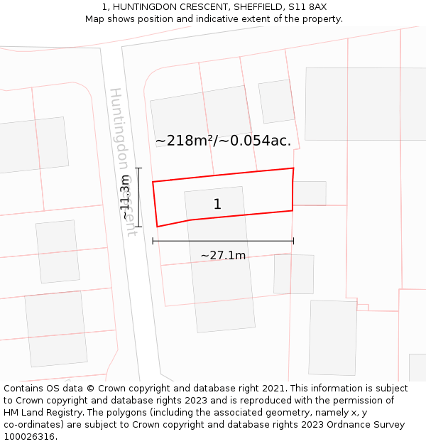 1, HUNTINGDON CRESCENT, SHEFFIELD, S11 8AX: Plot and title map