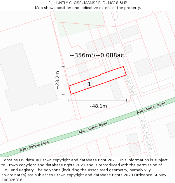 1, HUNTLY CLOSE, MANSFIELD, NG18 5HP: Plot and title map