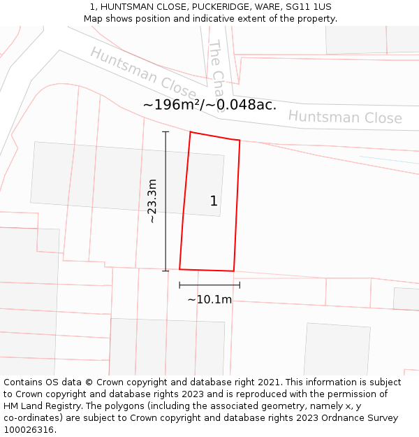 1, HUNTSMAN CLOSE, PUCKERIDGE, WARE, SG11 1US: Plot and title map