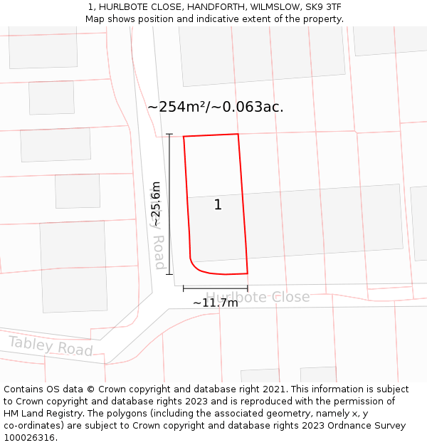 1, HURLBOTE CLOSE, HANDFORTH, WILMSLOW, SK9 3TF: Plot and title map