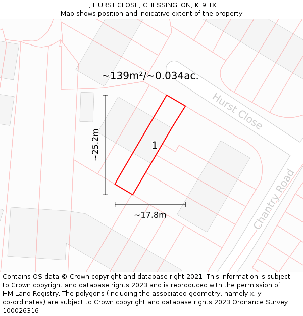 1, HURST CLOSE, CHESSINGTON, KT9 1XE: Plot and title map
