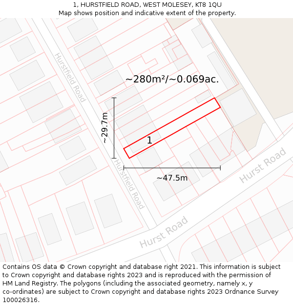 1, HURSTFIELD ROAD, WEST MOLESEY, KT8 1QU: Plot and title map