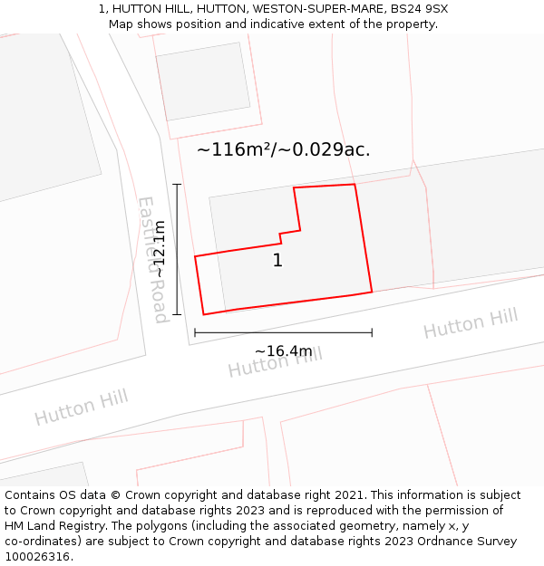 1, HUTTON HILL, HUTTON, WESTON-SUPER-MARE, BS24 9SX: Plot and title map