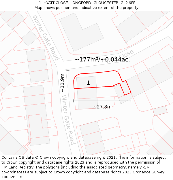 1, HYATT CLOSE, LONGFORD, GLOUCESTER, GL2 9FF: Plot and title map