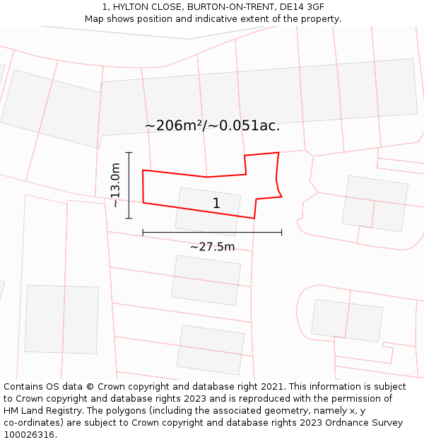 1, HYLTON CLOSE, BURTON-ON-TRENT, DE14 3GF: Plot and title map