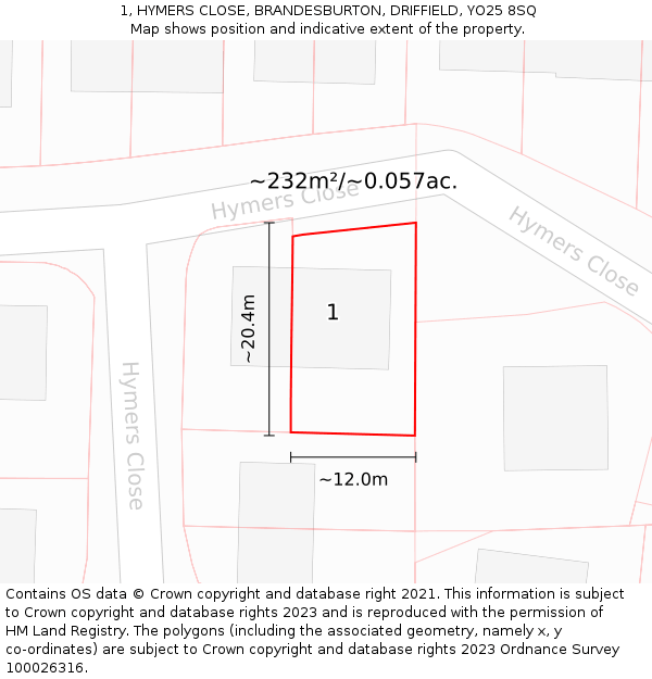 1, HYMERS CLOSE, BRANDESBURTON, DRIFFIELD, YO25 8SQ: Plot and title map