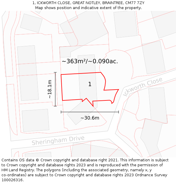 1, ICKWORTH CLOSE, GREAT NOTLEY, BRAINTREE, CM77 7ZY: Plot and title map