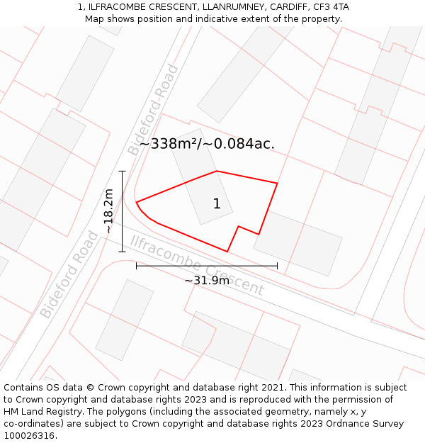 1, ILFRACOMBE CRESCENT, LLANRUMNEY, CARDIFF, CF3 4TA: Plot and title map