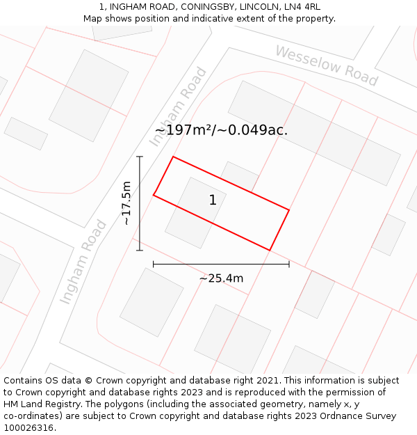 1, INGHAM ROAD, CONINGSBY, LINCOLN, LN4 4RL: Plot and title map