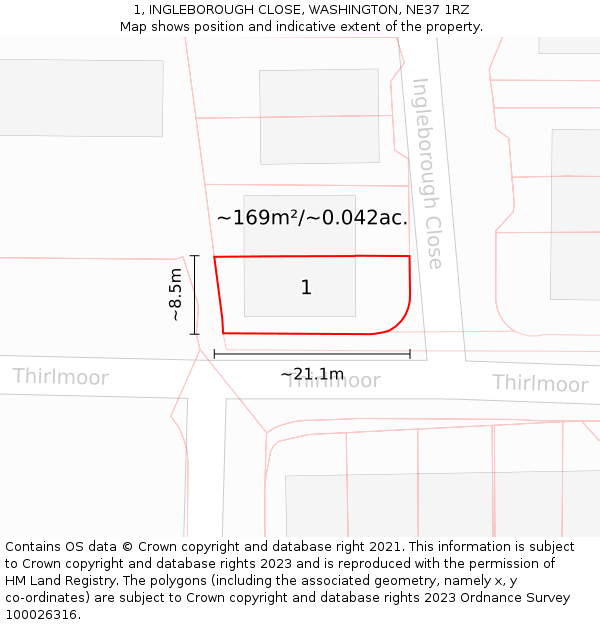 1, INGLEBOROUGH CLOSE, WASHINGTON, NE37 1RZ: Plot and title map
