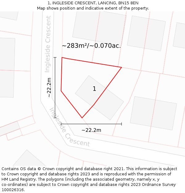1, INGLESIDE CRESCENT, LANCING, BN15 8EN: Plot and title map