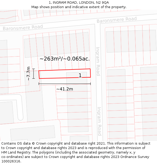 1, INGRAM ROAD, LONDON, N2 9QA: Plot and title map