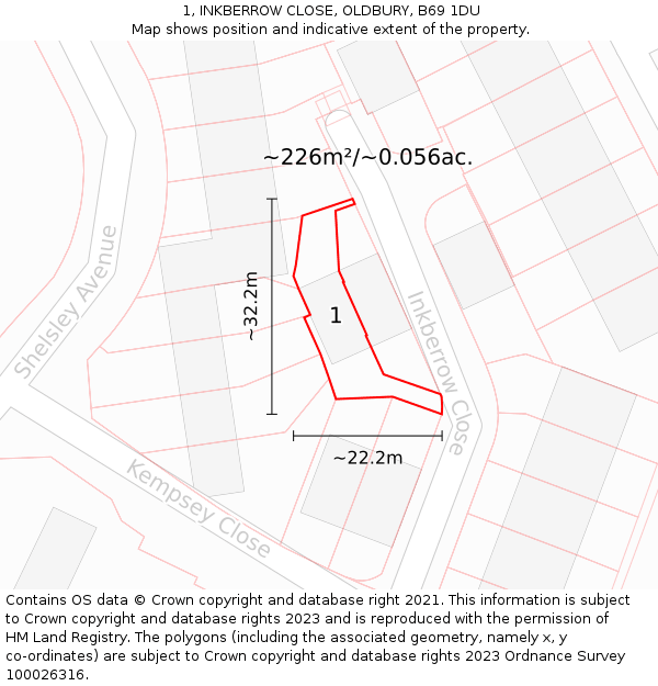 1, INKBERROW CLOSE, OLDBURY, B69 1DU: Plot and title map