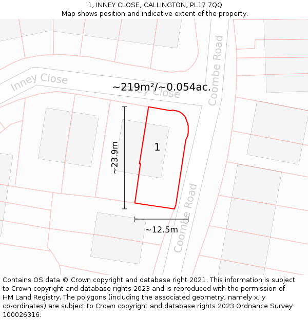 1, INNEY CLOSE, CALLINGTON, PL17 7QQ: Plot and title map